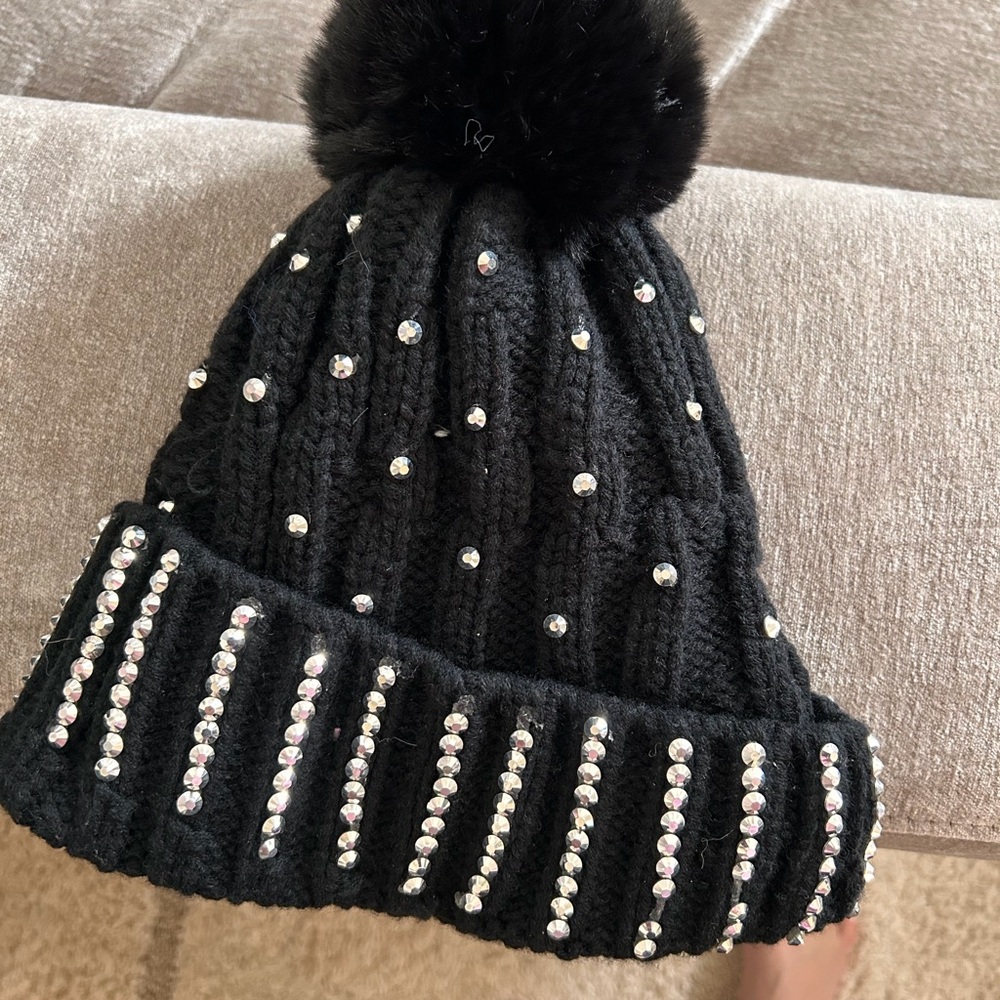 Black Knit Beanie with Rhinestones